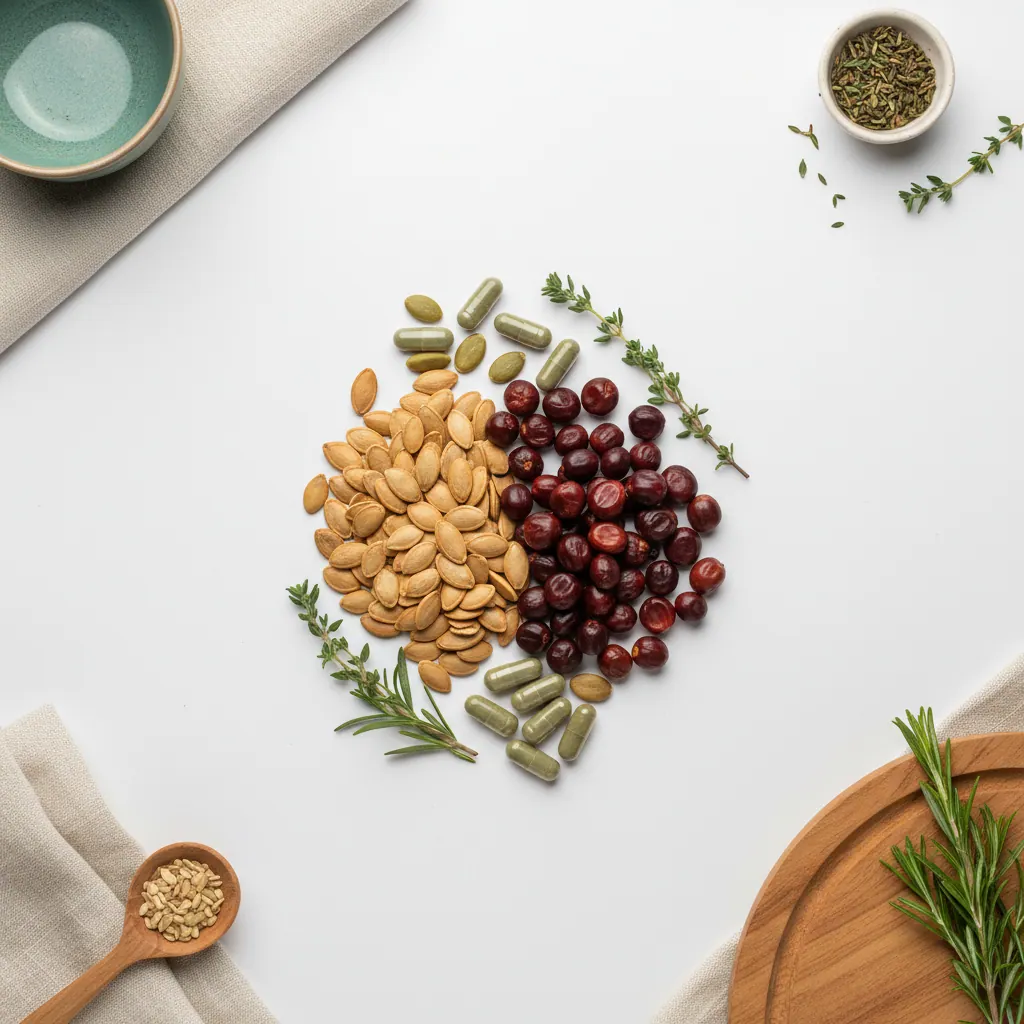 Flat lay van zaagpalmbessen, pompoenzaden en groene capsules op witte ondergrond