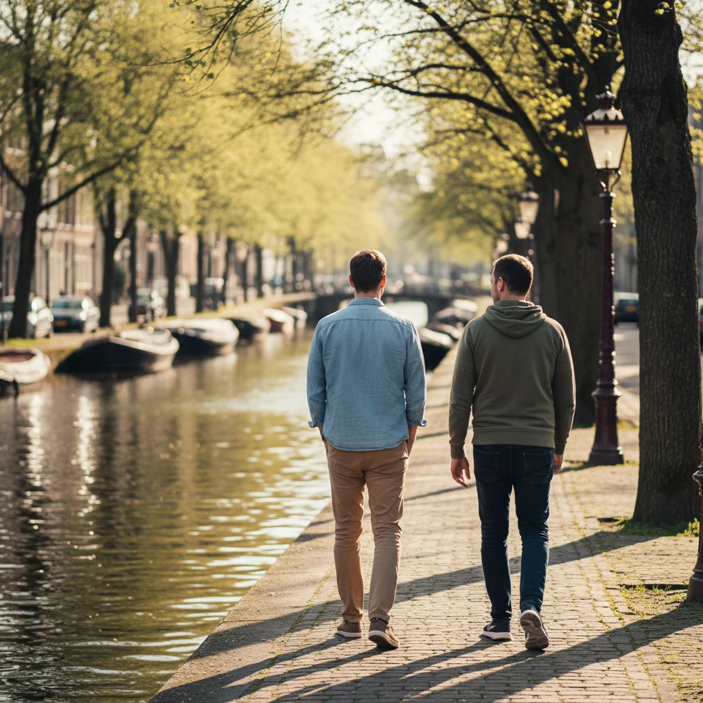 Twee anonieme mannen wandelen op een zonnig Nederlands kanaalpad - actief leven na het 50e